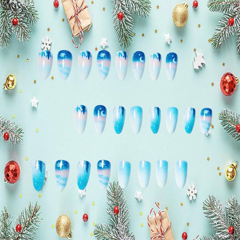 CJDLTS Christmas Press on Nails Medium Almond Shaped White Snowflake Moon Stars Design Xmas False Nail Full Cover Glossy with Glitter Winter Stick on Nail Artificial Acrylic Glue on Nails for Women 24Pcs - Image 3